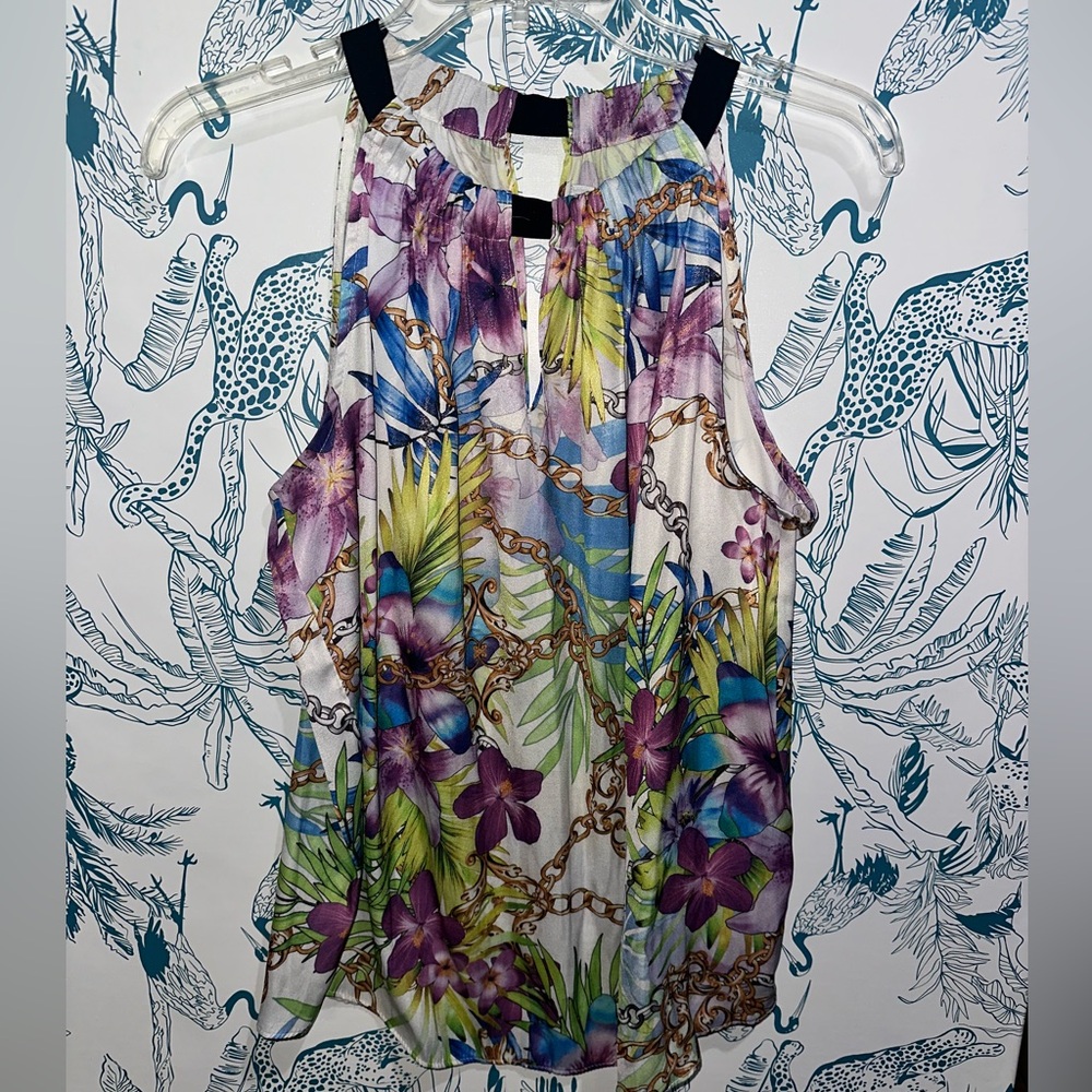 Jennifer Lopez Tropical Floral Halter Tank - Purple, Green & Blue